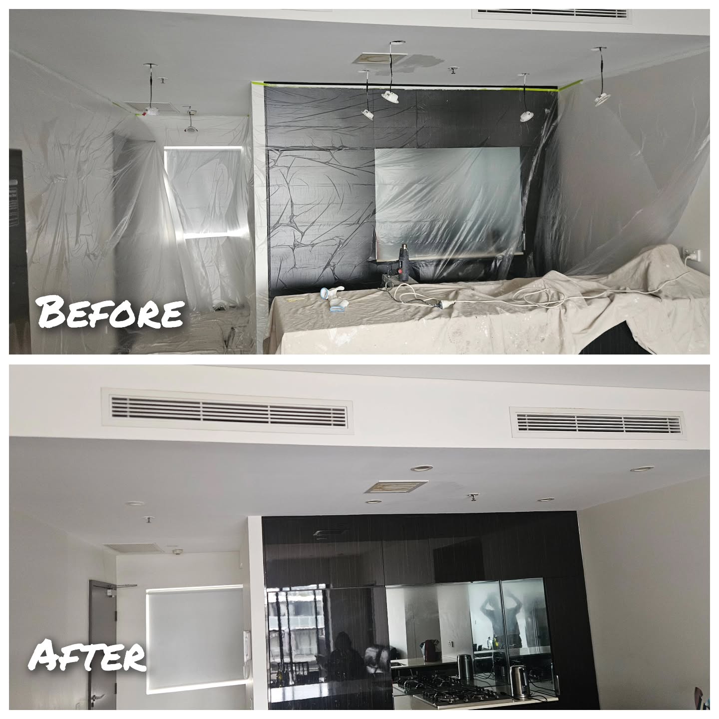 Apartment kitchen & ceiling — before and after