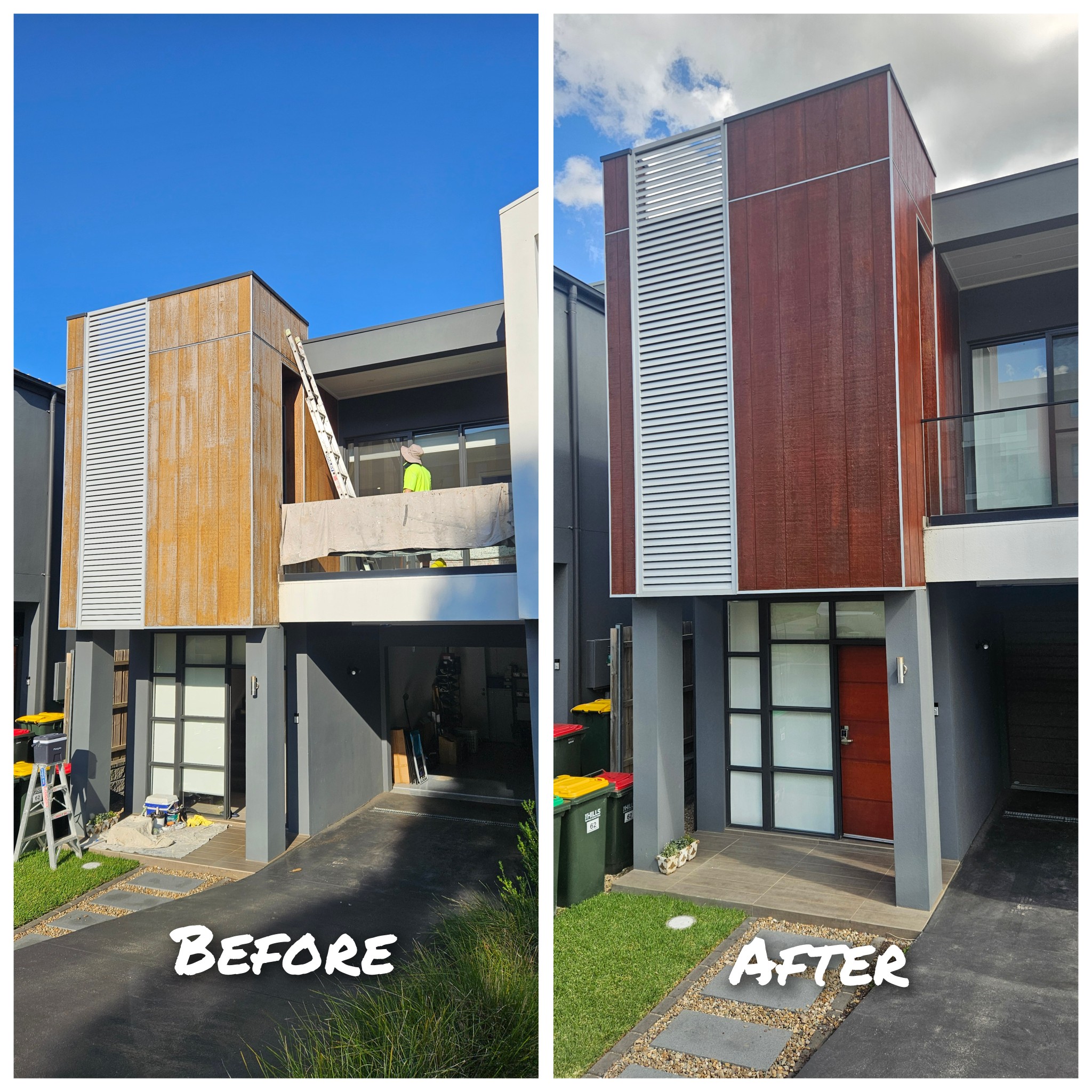 Townhouse timber cladding before and after repainting by Lewis Painting Solution